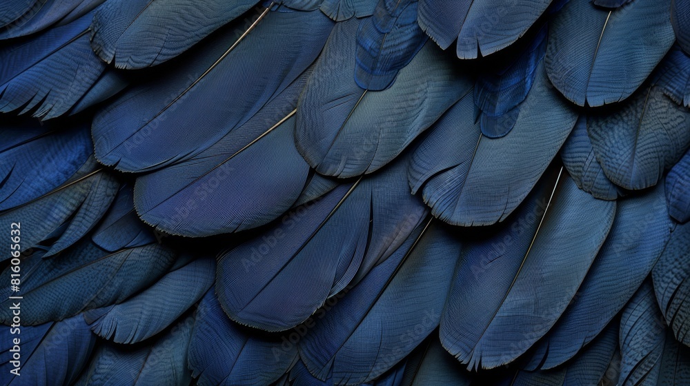 A tight shot of a blue bird's expansive feathers, nearly equaling its body size A tight shot of a blue bird's expansive feathers, nearly equaling its body size