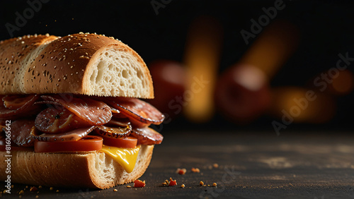 Gourmet Deli Sandwich with Salami and Melted Cheese on Sesame Bread photo