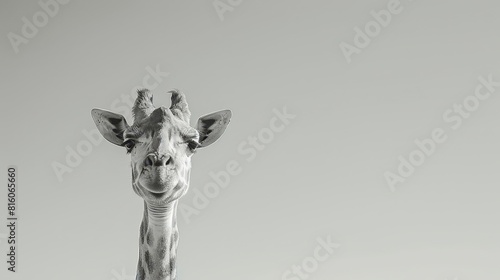  A black-and-white image of a giraffe's head against a gray backdrop