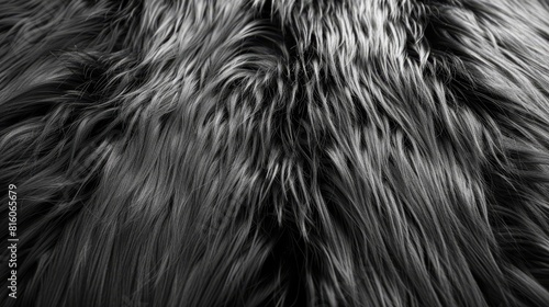  A black-and-white image of a furry animal's coat, featuring a modest amount of fur atop it photo