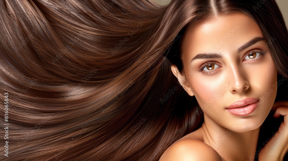 A woman with long, shiny brown hair obscuring her face in a close-up shot A woman with long, shiny brown hair obscuring her face in a close-up shot