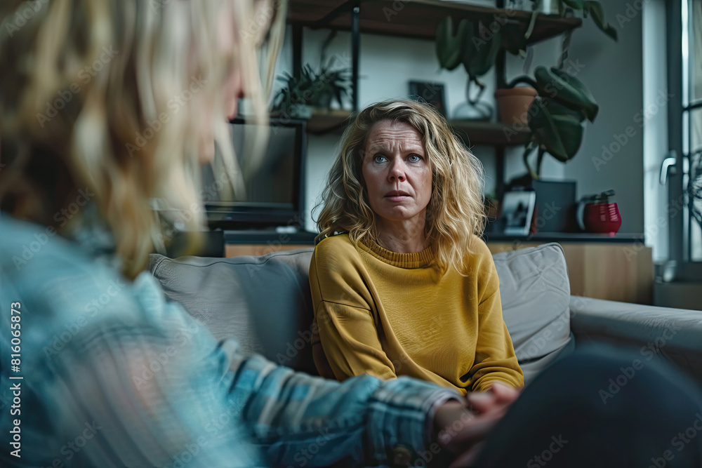 A blonde woman in her thirties, sitting on the couch at home talking to an adult female therapist who is wearing blue jeans and a yellow sweater. The setting should have soft lighting that creates a c A blonde woman in her thirties, sitting on the couch at home talking to an adult female therapist who is wearing blue jeans and a yellow sweater. The setting should have soft lighting that creates a c