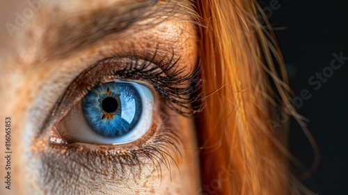  A tight shot of a woman's blue eye, framed by long red hair against a black background Blue eyeshadow enhances her gaze © Jevjenijs