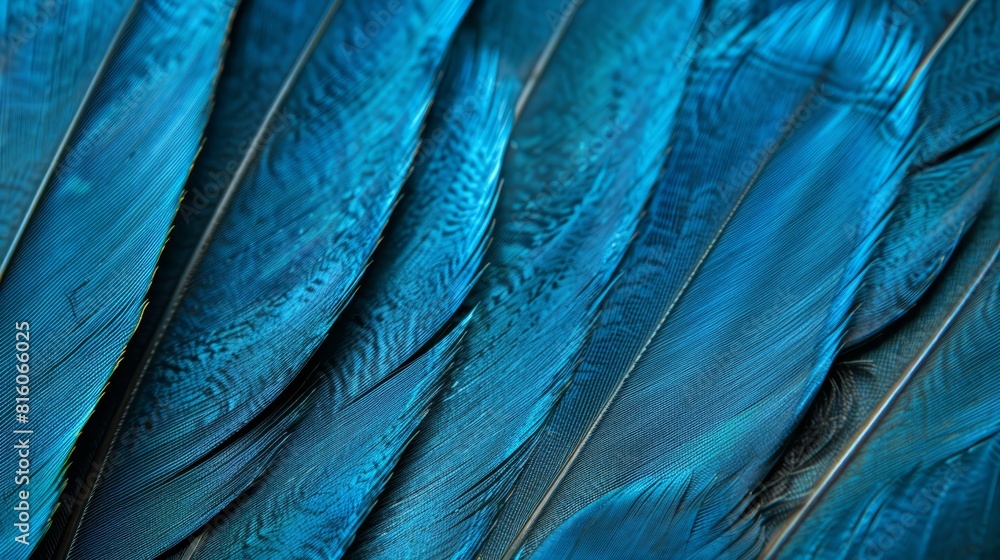 A tight shot of a blue bird's intricately textured feathers, densely packed at the base A tight shot of a blue bird's intricately textured feathers, densely packed at the base