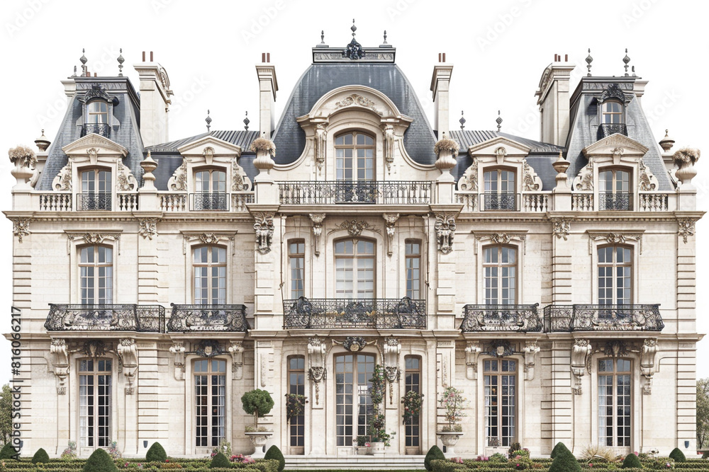 An elegant French chateau with a grand facade, wrought iron balconies, and formal gardens, evoking the timeless allure of European luxury against a solid white background.