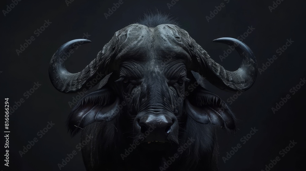  A tight shot of a bull's massive head, adorned with large, curved horns, set against a black backdrop