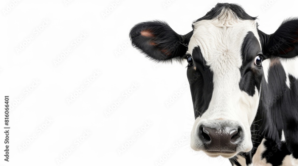 A tight shot of a black-and-white cow's face gazing into the camera against a clean white backdrop A tight shot of a black-and-white cow's face gazing into the camera against a clean white backdrop