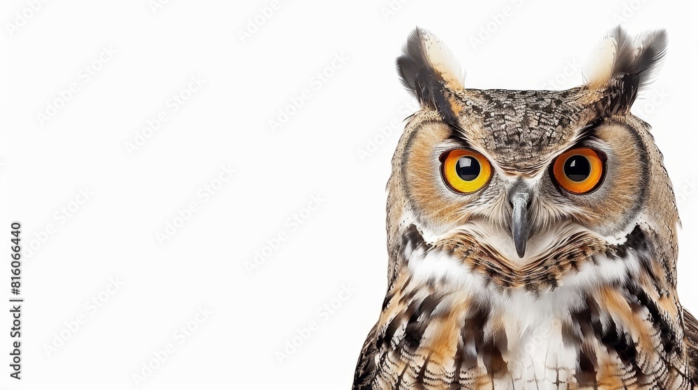 Close-up of an owl's face with orange and yellow eyes against a white backdrop Close-up of an owl's face with orange and yellow eyes against a white backdrop