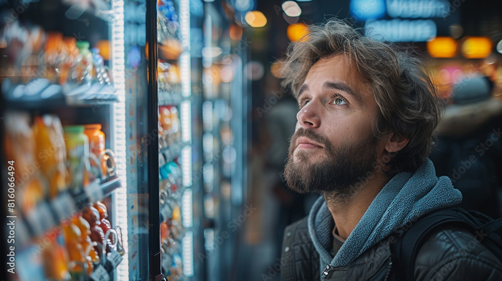 Young hipster man with a beard in black jacket and with backpack playing in a vending machine