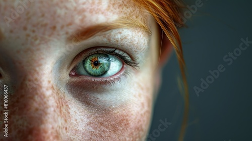  A tight shot of a woman's freckled face, her gaze fixed on the viewer through a blue-green eye