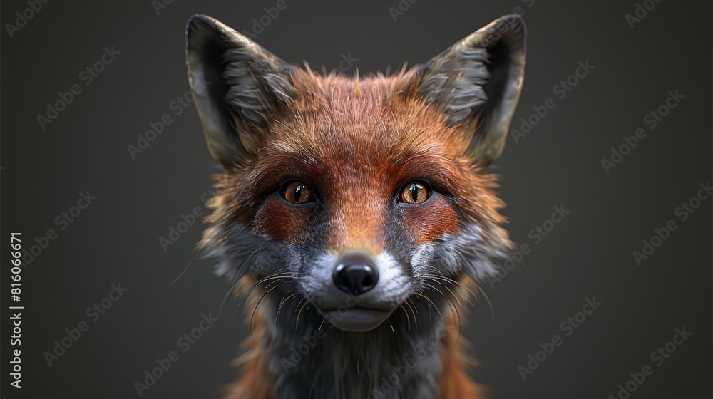  A red fox's face, tightly framed against a black background Alternatively, a red fox's face against a gray background