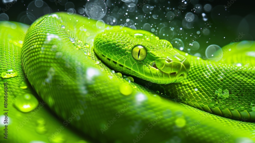 A tight shot of a green snake with dewdrops on its head and a softly blurred backdrop A tight shot of a green snake with dewdrops on its head and a softly blurred backdrop