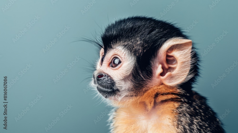 A tight shot of a monkey's expressive face against a backdrop of a clear, blue sky A tight shot of a monkey's expressive face against a backdrop of a clear, blue sky