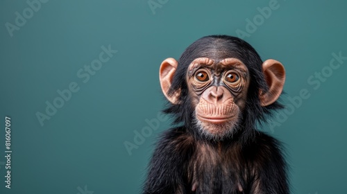  A monkey's shocked face in tight focus, set against a verdant backdrop © Jevjenijs