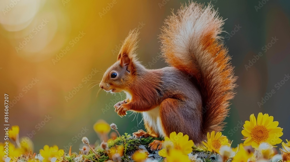 A tight shot of a squirrel atop a sea of yellow blooms; backdrop softly blurred with yellows A tight shot of a squirrel atop a sea of yellow blooms; backdrop softly blurred with yellows
