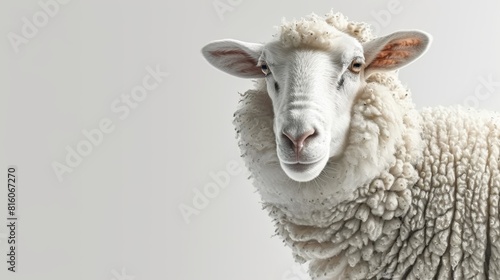  A tight shot of a sheep's face against a white background Alternatively, a close-up of a sheep's face with a light gray background