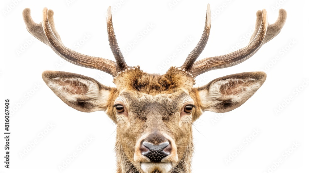 A deer's head with massive antlers against a pristine white backdrop ..Or, if you prefer a more descriptive version:. A deer's head with massive antlers against a pristine white backdrop ..Or, if you prefer a more descriptive version:.