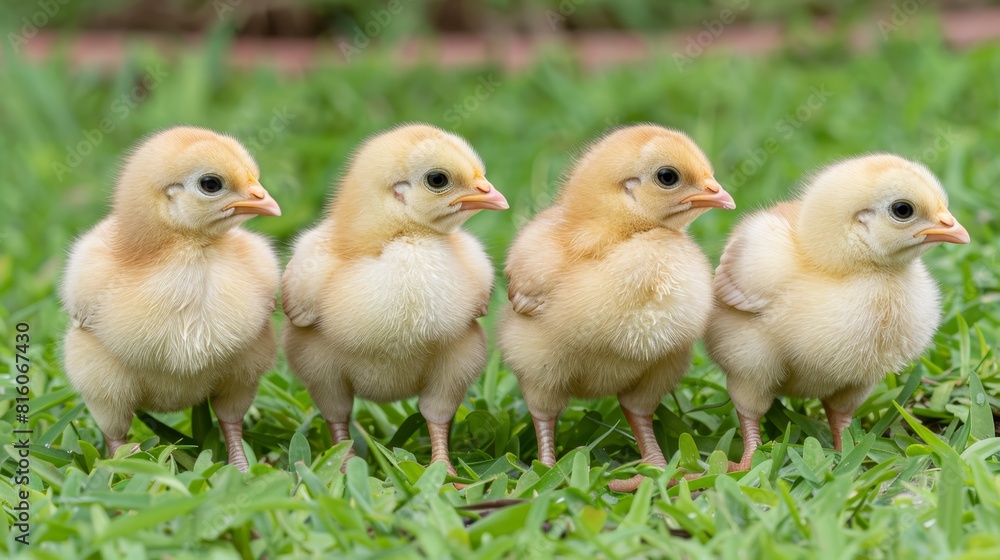 A small flock of yellow chickens stands atop a verdant, green grass field Nearby, tall grasses wave in the breeze A small flock of yellow chickens stands atop a verdant, green grass field Nearby, tall grasses wave in the breeze