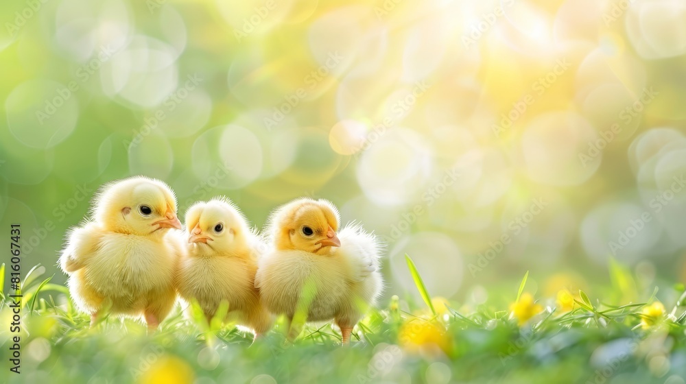 A group of small, yellow chicks sits atop a lush, green grass field, surrounded by yellow and white flowers A group of small, yellow chicks sits atop a lush, green grass field, surrounded by yellow and white flowers