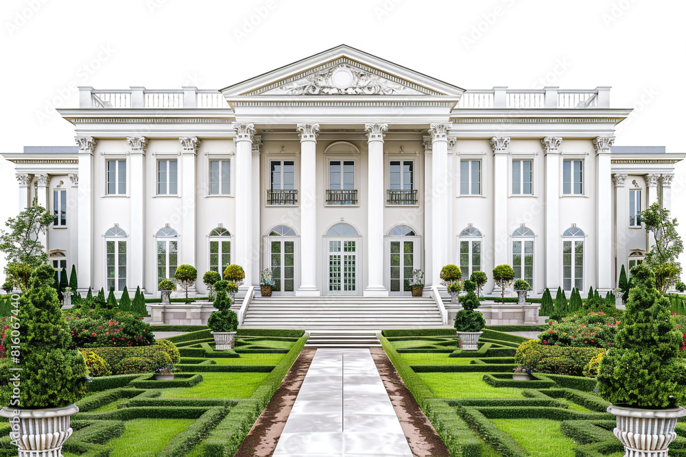 An elegant Georgian-style mansion with symmetrical facade, white columns, and manicured gardens, exuding timeless grandeur against a solid white background.