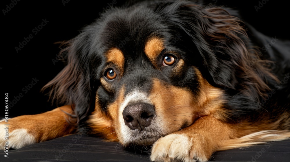 A tight shot of a dog reclining on a black backdrop, its head atop a pillow A tight shot of a dog reclining on a black backdrop, its head atop a pillow