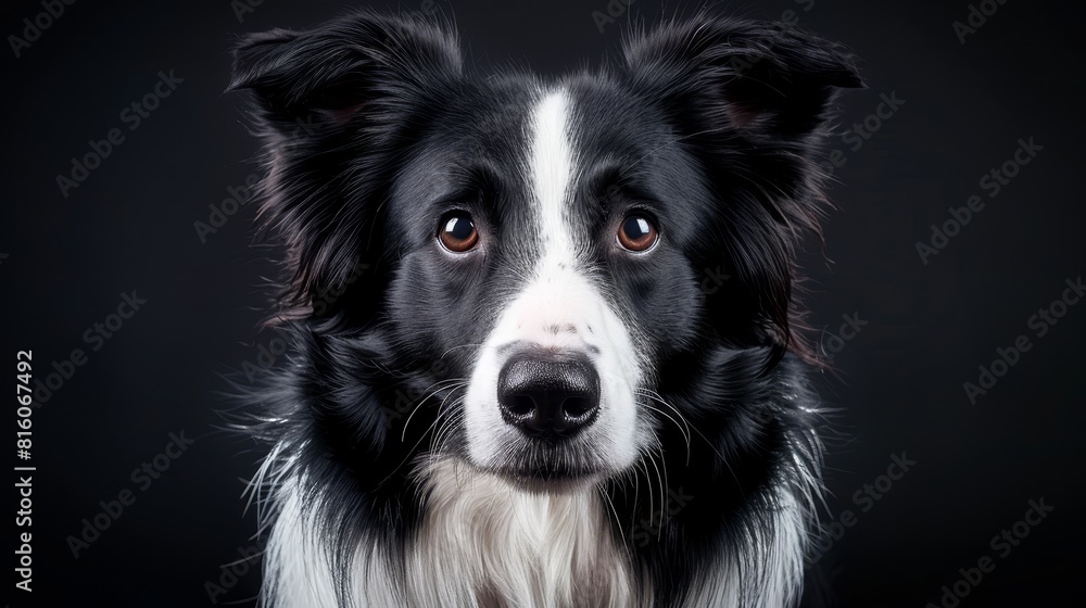  A tight shot of a Border Collie's expressive face within a black-and-white frame, gazing directly into the lens