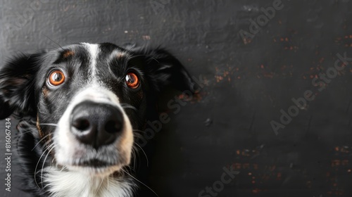  A tight shot of a black-and-white dog's face exhibiting an orange eye gaze photo