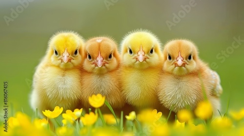  A collection of small chicks arranged beside one another atop a verdant expanse of green grass and sunlit yellow flowers © Jevjenijs