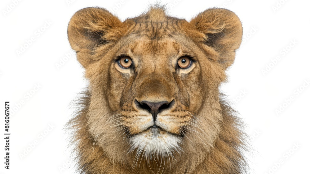 A tight shot of a lion's face gazing into the camera, set against a pristine white backdrop A tight shot of a lion's face gazing into the camera, set against a pristine white backdrop