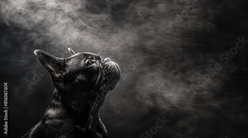  A black-and-white image of a dog gazing at the sky with smoke rising from its muzzle photo