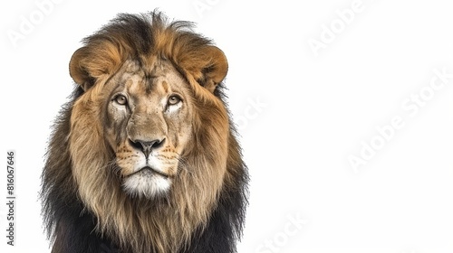  A tight shot of a lion s intense face  set against a pristine white backdrop
