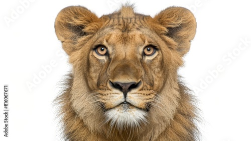  A tight shot of a lion s face gazing into the camera  set against a pristine white backdrop
