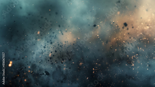 Background with smoke clouds, fumes, fire particles after explosion or natural disaster. Abstract banner for military operations, catastrophes, war games, ads with copy space. Battlefield in attack.