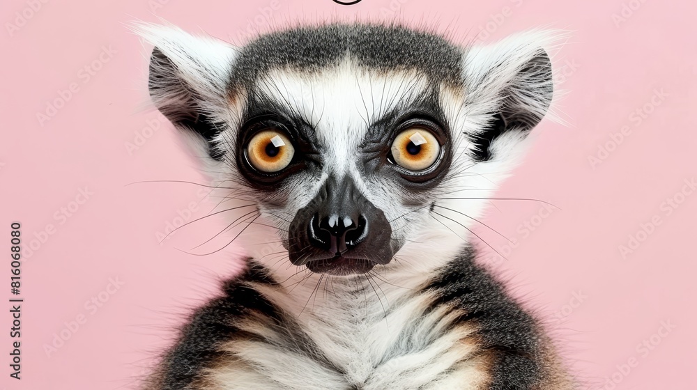  A lemur's face in tight focus against a pink backdrop..Caption: Lemur Intimate