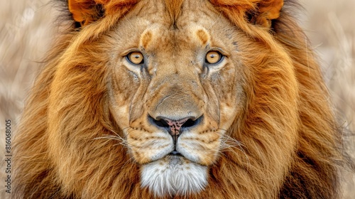  A lion s intense face  closely captured  amidst a blurry background