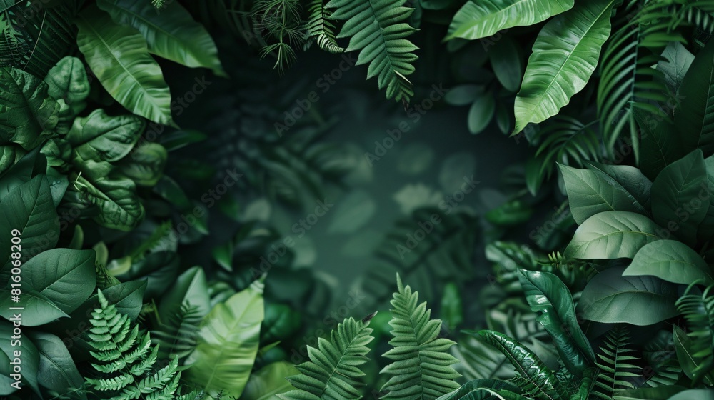 Fototapeta premium A frame made of green plants against green background with copy space in the middle