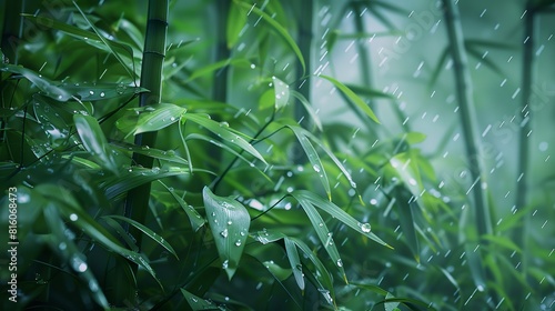 a dense undergrowth in a bamboo forest  moments after a rainfall