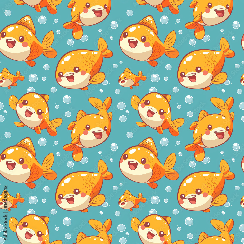Naklejka premium Animated Goldfish Seamless Pattern in Vibrant Blue, Swimming Happily with Bubbles and Greenery