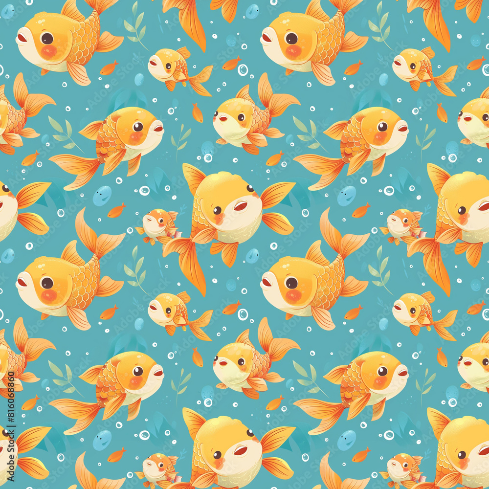 Fototapeta premium Animated Goldfish Seamless Pattern in Vibrant Blue, Swimming Happily with Bubbles and Greenery