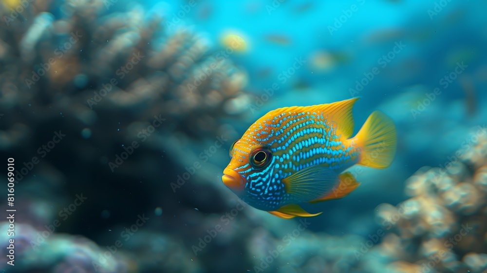 A tight shot of a vibrant blue-yellow fish nestled among corals, surrounded by various hues of corals and clear water A tight shot of a vibrant blue-yellow fish nestled among corals, surrounded by various hues of corals and clear water