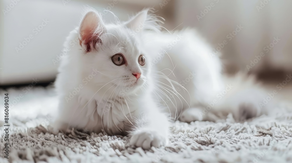 A white kitten rests atop a carpet next to a white radiator A white kitten rests atop a carpet next to a white radiator