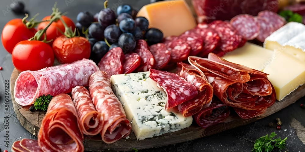 Premium Charcuterie Platter Featuring a Selection of High-Quality Meats and Cheeses. Concept Fine dining experience, Gourmet charcuterie, Artisan cheeses, Culinary craftsmanship, Premium Charcuterie Platter Featuring a Selection of High-Quality Meats and Cheeses. Concept Fine dining experience, Gourmet charcuterie, Artisan cheeses, Culinary craftsmanship,