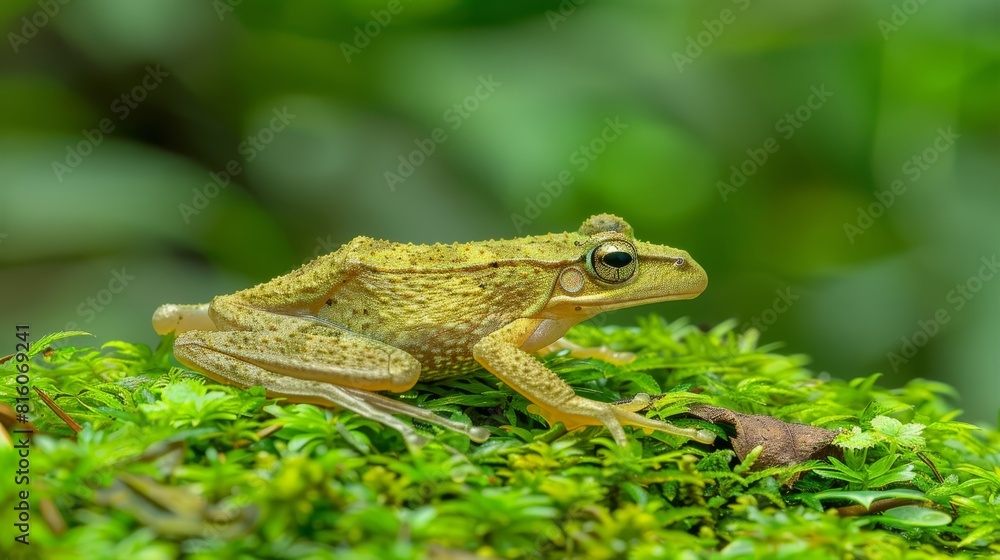 A small, yellow frog sits atop a lush, mossy plant, surrounded by numerous tiny green leaves A small, yellow frog sits atop a lush, mossy plant, surrounded by numerous tiny green leaves