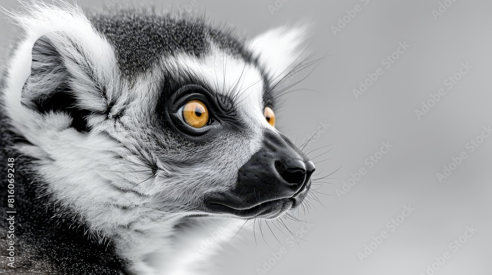  A tight shot of a Lemur's face gazing intently with orange eyes