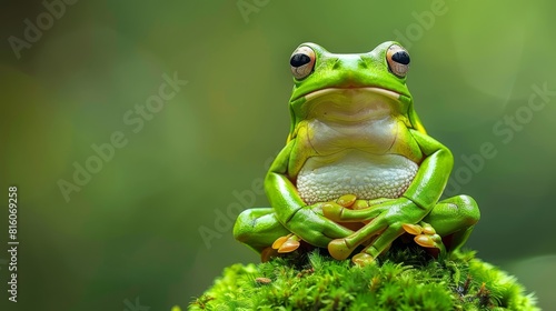  A close-up of a frog on a mossy surface with its large  expressive eyes opened wide