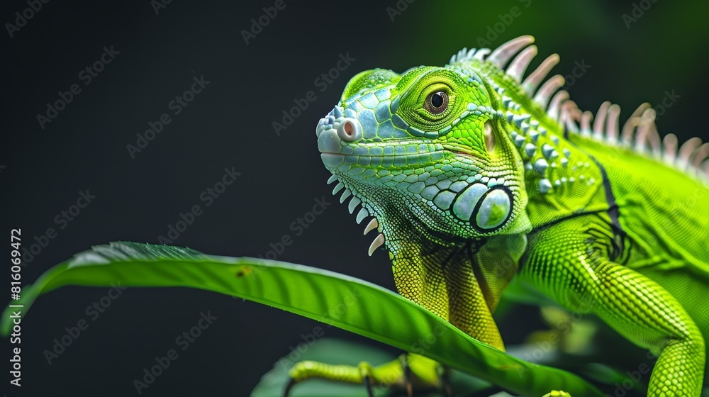 A tight shot of a green iguana perched on a branch, surrounded by foreground leaves against a black backdrop A tight shot of a green iguana perched on a branch, surrounded by foreground leaves against a black backdrop