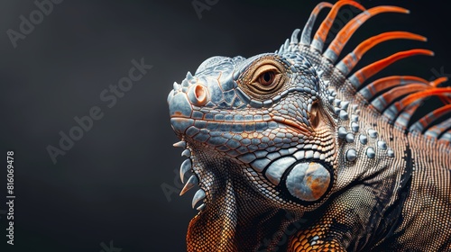 A tight shot of an iguana s head with orange crests  set against a black backdrop