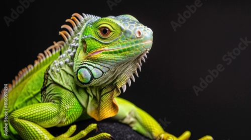  A close-up of a green iguana against a black background