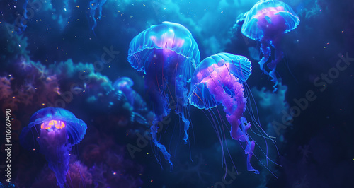 transparent glowing jellyfishes in deep aroumatic ocean