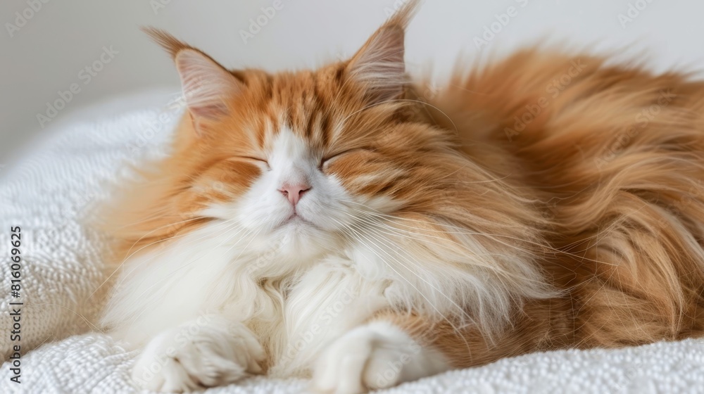 A tight shot of a cat reclining on a bed, its head propped against the bedside A tight shot of a cat reclining on a bed, its head propped against the bedside
